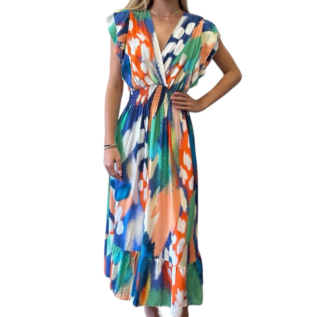 Color-Block V-Neck Cap Sleeve Maxi Dress - Multicolor